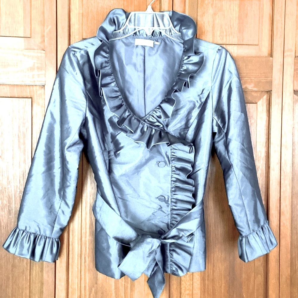 Calvin Klein Metallic Grey Satiny Ruffled Peplum Blazer w/Tie~Truly Gorgeous~Sm